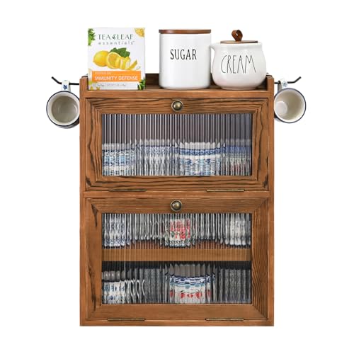 Ikee Design Rustic Wooden 2-Tier Countertop Storage Cabinet with Wavy Doors, Cupboard Organizer with Removable Bamboo Tea Tray, for Kitchen Pantry, Cups, Brown Color, 12.1W x 6.3D x 15.7H in - Image 5