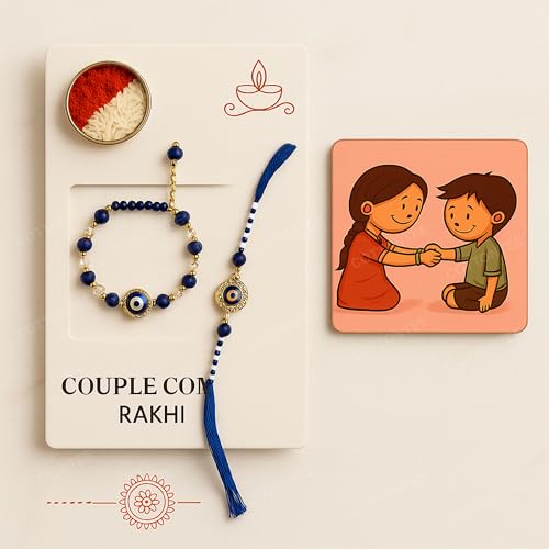 Image of Bhaiya Bhabhi Rakhi Set with Evil Eye Charm, Coaster & Kumkum Chawal | Couple Combo Rakhi Gift with Assorted Color | Raksha Bandhan Special