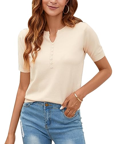 Image of Women Summer Knit Shirt Blouse V Neck Short Sleeve Pullover Sweater Tops