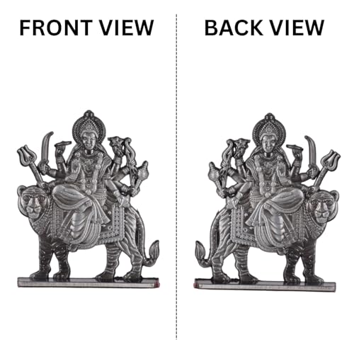 Image of BUC Sri Maa Durga, Ma Sheravali Idol for Car Dashboard - Oxidized Black & Silver Finish Fierce Goddess Kali Murti for Spiritual Travel & Safety (S944-OXI)