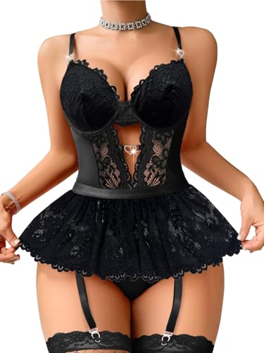 Image of Lace Garter Lingerie Set Underwire Push Up Lingerie Set Stockings
