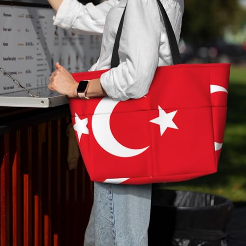 Flag Of Turkey Extra Large Tote Bag For Women,Foldable Beach Bag With Pocket Weekender Travel Overnight Bag 7