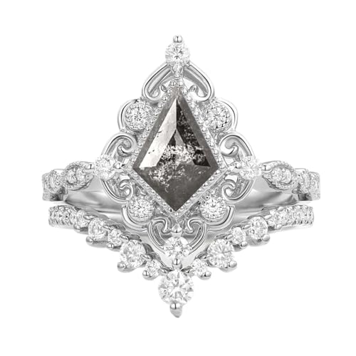 1ct 1.5ct 2ct Salt and Pepper Diamond Wedding Ring Set for Women - Kite Cut Salt and Pepper Diamond Bridal Sets Wedding Rings White Yellow Rose 10K 14K 18K Gold Sterling Silver Gem Ring Set