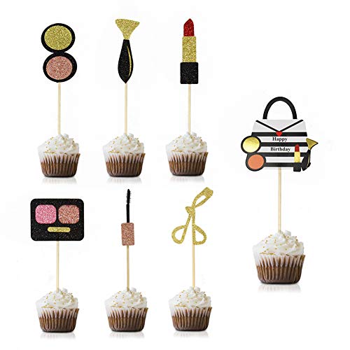 Hasken 28 Pack Make Up Cupcake Toppers Glitter Cosmetics Cake Toppers for Make Up Parties Women Cosmetics Theme Bridal Shower Birthday Party Cake Decoration Supplies