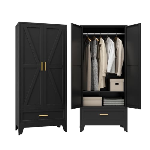 Metal Wardrobe Closet Hanging Rod 71" Tall, Heavy Duty Steel Armoire Wardrobe Cabinet, Clothing Storage Cabinet for Bedroom, Office, Laundry Room, 1 Drawer, Black