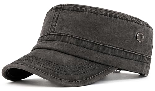 Malaxlx Black Military Cadet Army Cap for Men Women Washed Cotton Vintage Adjustable Flat Top Hat