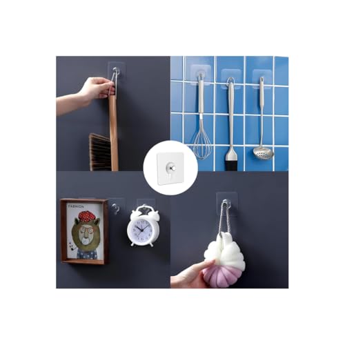 Image of KASHIVAL Self Adhesive Wall Hooks Pack of 20 (10 Flat + 10 Hanging) | Transparent PVC & Stainless Steel Hooks | Waterproof No Drill Wall Hooks for Bathroom, Kitchen, Home & Office