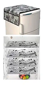 Goel Home Decor Kitchen Combo 1 Fridge Top Cover(Grey Leaf) and 4 Fridge Mats (Tehni), 5 Piece Set (Grey)