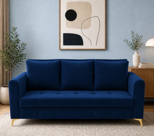 Image of Adorn India Premium Mystic - 3 Years Warranty - 3 Seater Sofa Cum Bed Velvet Suede Fabric - Blue