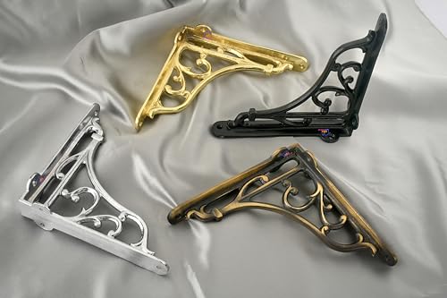 Image of GHAR DWAR Metal Handcrafted Shelf Bracket for Floating Shelves L Angle Decorative L Shaped Corner Brace Joint Heavy Duty Wall Mounted Shelf Supporter Brace Holder (Gold, Pack of 2)