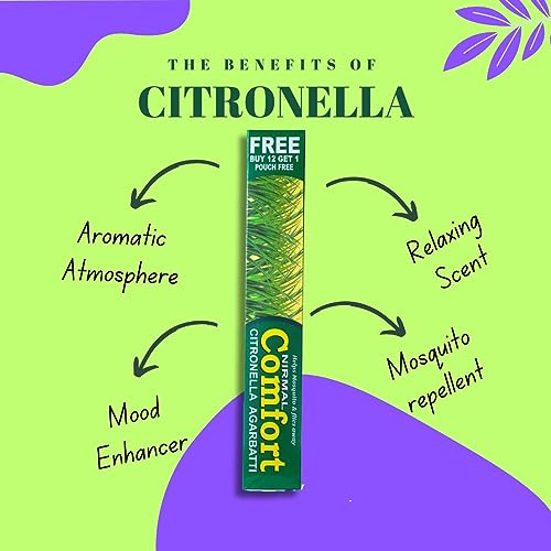 Image of Nirmal Comfort 130 Citronella Natural Incense Sticks, Mosquito Repellent Pack(12+1=13 Pouches | 130 Organic Agarbatti Sticks | Fragrance- Citronella) | Handrolled | 100% Organic I Mosquito Sticks