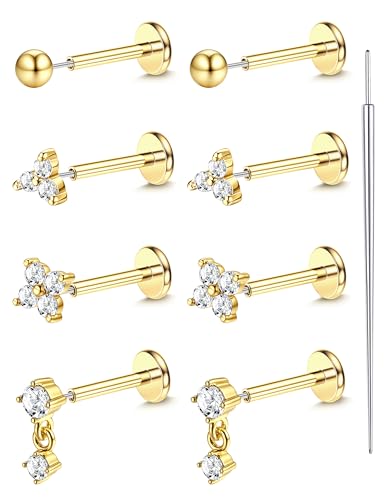 18K Gold Plated Threadless Flat Back Earrings Studs 316L Surgical Steel Push in Nose Studs Rings 20G 18G 16G CZ Tragus Cartilage Helix Conch Lip Labret Medusa Nostril Piercing Jewelry Hypoallergenic