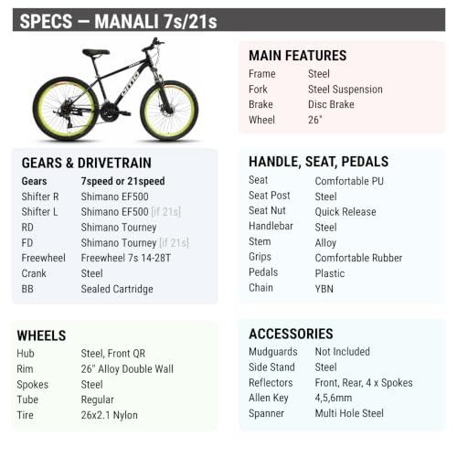 Image of Omobikes Manali Ace | Gear MTB Mountain Cycle | 21 Shimano Speed | Front Suspension | 26Inch Tire | Disc Brakes | Steel Frame | for 15+ Years Adults Unisex (Green)