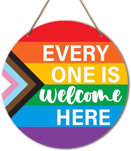 LGBT Rainbow Pride Schilder für Zuhause, Büro, Türdekoration, 'Every One Is Welcome Here.Home Office, Bauernhaus, Hof, Garten, synthetisches rundes Holzschild, 30,5 x 30,5 cm