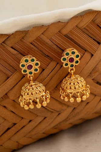 Image of Radha's Creations brass Ruby Emerald stud earrings one gram gold for women and girls one gram gold
