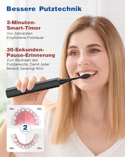Elektrische Zahnbürste, Schallzahnbürste, Zahnbürste Elektrisch 45000VPM, Aufhellung Der Zähne In 1 Woche, 120 Tage Akkulaufzeit, Batteriestandsanzeige, 6 DuPont-Bürstenköpfe, 5 Modi, Timer, Schwarz – Bild 7