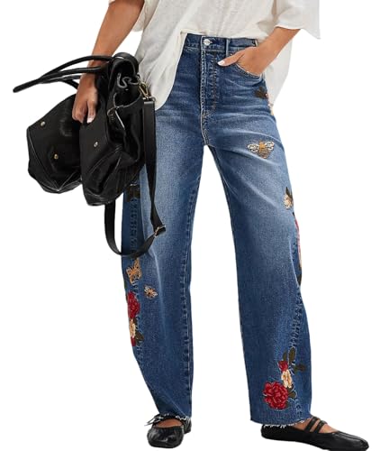 loveimgs Women Y2k Baggy Jeans Wide Leg Embroidered Denim Pants Mid Rise Barrel Jeans Boyfriend Ankle Sweatpants Pockets