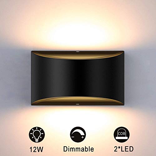 Lightess Modern LED Wall Sconce Dimmable Up Down Wall Lamp Black Bedroom Wall Sconces 12W Hallway Wall Mounted Lighting Fixtures for Stair Living Room, Warm White