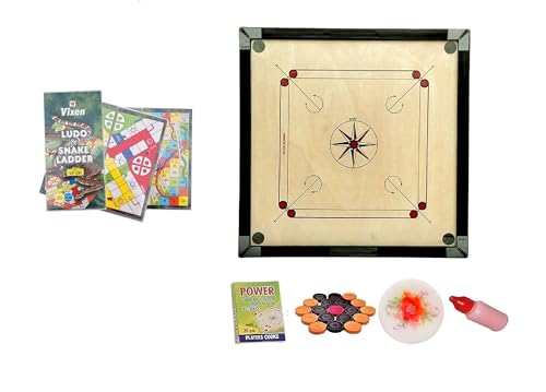 Image of WRF Superior Matte Finish Practice Carrom Board for Serious Professional Practice with Coins Striker and Powder Black New(32inch Carrom with Vixen Ludo VL-02)