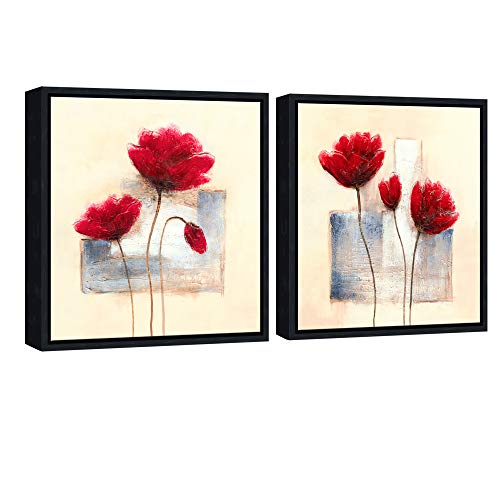 Wieco Art Black Framed Charming Spring Modern 2 Panels Canvas Prints Artwork Abstract Floral Pictures on Canvas Wall Art for Bedroom Home Decorations FRC2-BF