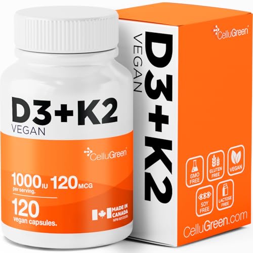 NEW! Cellugreen Vegan D3+K2 Supplement – Strongest Potency for Bone, Immune & Cardiovascular Health, Non-GMO, 100% Plant-Based, 120 Vegan Capsules.