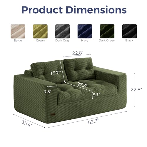 Image of MAXYOYO 63 inch Loveseat Sofa Couch for Small Spaces, Upholstered Boneless Cloud Couch for Apartment Bedroom, 2-Seater Love Seat Floor Modern Sofa with Pillows, No Assembly Required, Dark Green