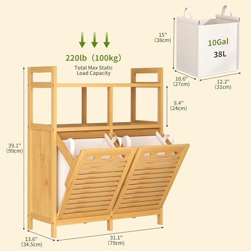 VASMIA Tilt Out Laundry Hamper Cabinet, Bamboo Double Laundry Hamper with 2 Removable Laundry Baskets, 20 Gal Laundry Sorter Organizer with Shelf for Dirty Clothes, Bathroom, Laundry Room, Natural by VASMIA - Used condition - Image 2