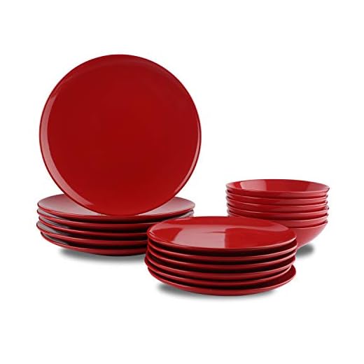 Amazon Basics Service de table 18 pièces en grès, pour 6 personnes, Rouge flamboyant