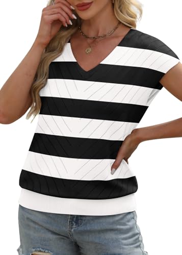 Image of WIHOLL Short Sleeve Sweater for Women V Neck Trendy Summer Tops 2026 Beach Vacation Clothes Travel Business Casual Outfits