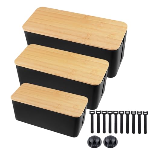 FUNSUEI 3 Stück 3 Größe Kabelmanagement Box Set mit Bambusdeckel, Schwarz Kabel Boxen mit Verdrahtungsausrüstung und Leitungsmanagementgürtel, Kabel Organizer Box für Zuhause und Büro