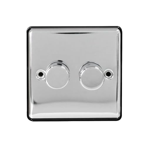 Image of Arlec 2-Gang 250W Dimmer Metal Light Switch | Screwed Faceplate | 2-Way Push On/Off | Compatible with LED and Halogen Lamps | Polished Chrome Finish | 85 x 85 x 43mm