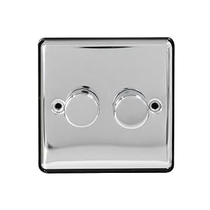 Arlec 2-Gang 250W Dimmer Metal Light Switch | Screwed Faceplate | 2-Way Push On/Off | Compatible with LED and Halogen Lamps | Polished Chrome Finish | 85 x 85 x 43mm