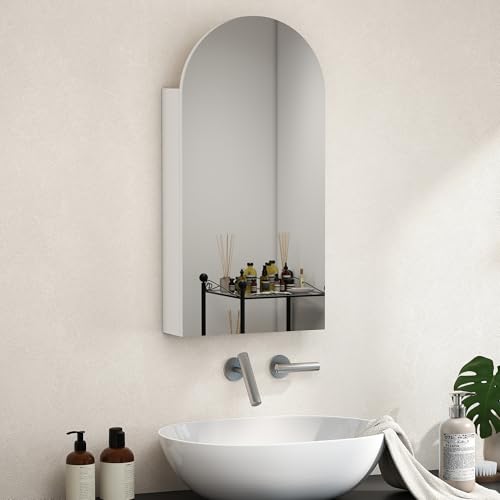 HOMCOM Armario de pared para cuarto de baño con espejo, 40 x 12 x 80 cm, mueble de baño, armario con espejo sin marco con arco y estantes de cristal ajustables, color blanco