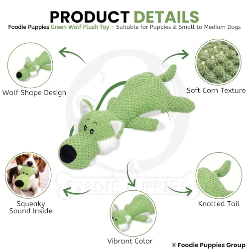 Image of Foodie Puppies Interactive Dog Squeaky Plush Toy (Green Wolf) | Crinkle Paper, Cotton-Stuffed, Chew Toy for Teething, Cuddling, Playing & Training for Puppies and Small to Medium Dogs