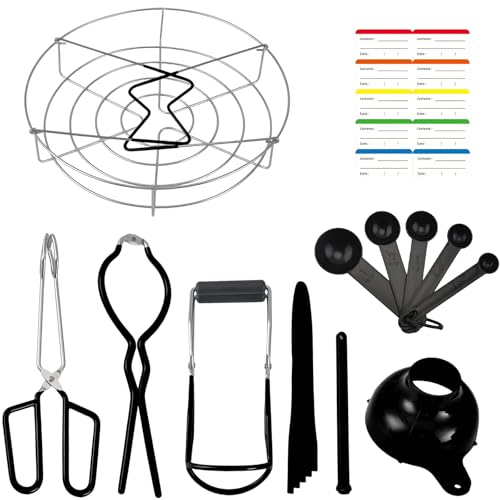9 PCS Canning Supplies Kit Stainless Steel Complete Canners for Starter Equipment with Jar Lifter Wide Mouth Funnel Wrench Tongs Lid Lifter Bubble Popper Canning Labels ladle Measuring Spoon-Black