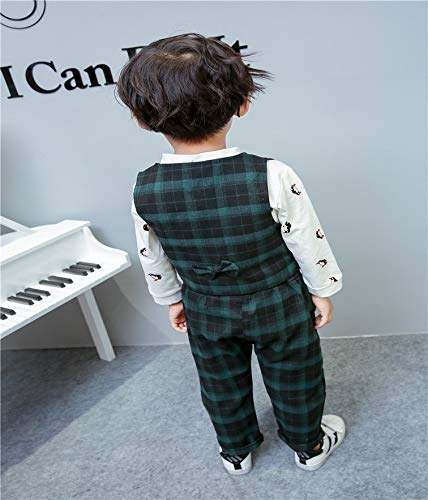 Image of Bold N Elegant Cute Cartoon Printed Full Sleeve Shirt with Plaid Waistcoat Bowtie and Pant 3 pc Clothing Set for Toddler Boys