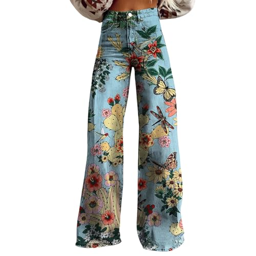 2025 Summer Vintage Baggy Imitate Jean for Woman, Floral Print Flare Imitation Jeans for Womens, Dark Wash Baggy Pants