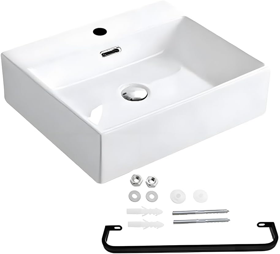 Modern White Ceramic Vessel Sink Wall Mounted Above Counter Bathroom Vanity Sink with Towel Rack and Overflow, 20x14 Inch Large Rectangular Porcelain Art Wash Basin for Rvs, Restroom