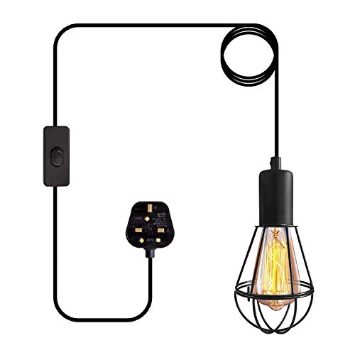 Industrial Pendant Light Fittings Vintage Plug in Pendant Lighting Metal Hanging Light with Plug Birdcage Chandelier with 450cm Cord On/Off Switch Black Ceiling Light Shade E27 Base (Without Bulb)