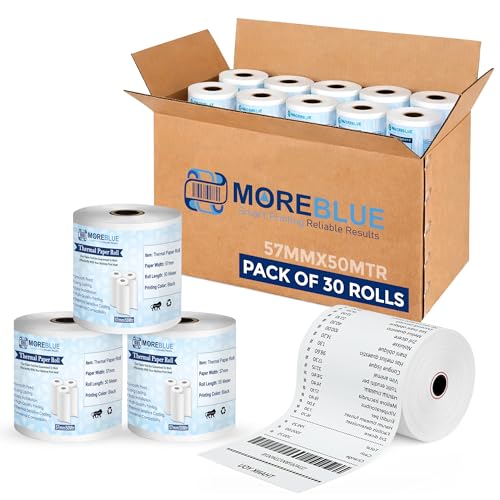 Image of MOREBLUE 2 Inch Thermal Paper Rolls (57mm x 50 Meter) Pack of 30 | Ink-Free, BPA-Free Receipt Paper for POS Machine, Billing Machine, Credit Card Machine & Petrol Pump Use