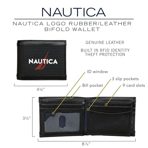 Image of Nautica Men's Bifold Leather Wallet | RFID Blocking | ID Window | Card Slots | Organization | Durable | Stylish