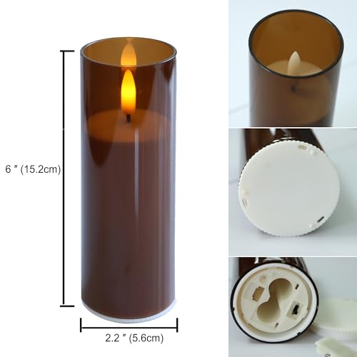 Image of CANDLE CHOICE Indoor Outdoor Flameless Candles with Timer Waterproof Realistic Flickering Battery Operated Pillar LED Lights with Acrylic Shell Wedding Party Christmas Decorations 6 Pack 2 inchx6 inch Brown