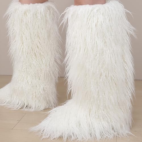 Image of Valpeak Faux Fur Tall Furry Boots for Womens,Long Winter Boots for Girls,Mongolian Fluffy Boots for Kids Fuzzy Knee-High Boots