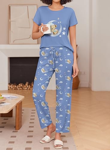 Image of Ekouaer Pajama Sets for Women Round Neck Pjs Short Sleeve Sleepwear with Long Pants Loose Lounge Sets Blue Teddy Bear X-Large