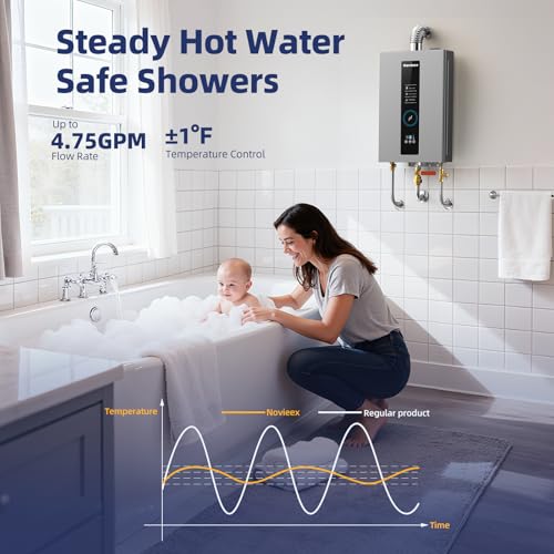 Image of Tankless Water Heater, Novieex On Demand Water Heater Natural Gas, Up to 4.75 GPM, 120,000 BTU, Instant Hot Water, LED Display, Indoor Installation, 3-4 Point Use for Family Bathroom Kitchen