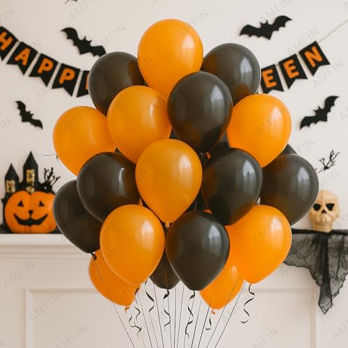 Image of AMFIN (Pack of 50) Halloween Party Balloons | Orange, Black Latex Balloons | Spooky Party Decorations for Birthday, Halloween, Events & Celebrations