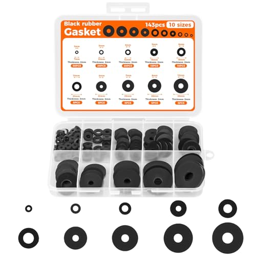 QKP 143Pcs Flat Rubber Washers Assortment Kit, 10 Sizes 7/10/12/16/18/20/22/25/28/30mm Rubber Gasket, Suitable for Screws, Hoses, Tap Fittings, Pipes, Shower Hoses, Garden Bolts