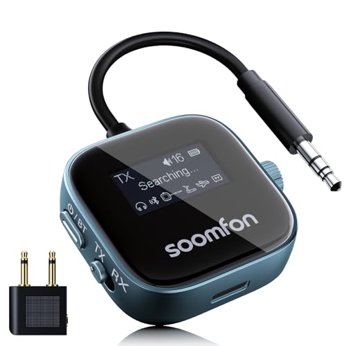SOOMFON Transmisor Receptor Bluetooth 5.3, 2 en 1 Adaptador Bluetooth Jack 3.5 Baja Latencia & HD, Esmisor Audio Doble Conexión con Pantalla LCD, Receptor para TV/Avión/Coche/Auriculares/Altavoces