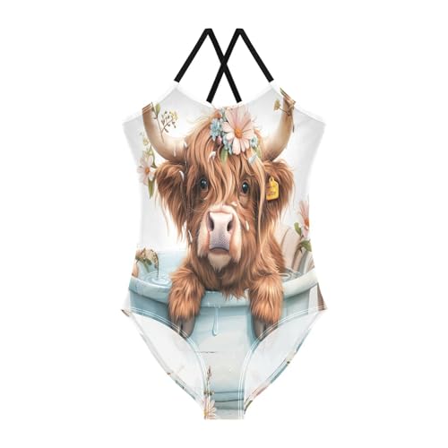 Bathtub Highland Cow Kids Swim Suits 3-10T Summer Swimsuits Girls, Beach Apparel