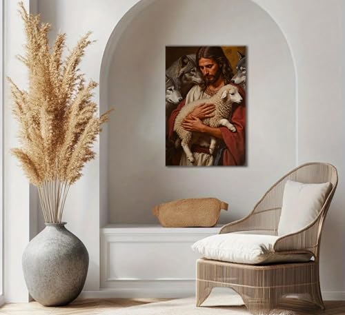 Jesus and Lamb Canvas Wall Art Jesus Saves the Lost Lamb Painting Picture Wall Decor Christian Shepherd Religious Poster Print Artwork for Church Room Living Bedroom Office Home Decoration Framed